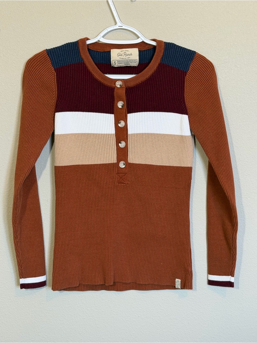 Ribbed Henley Sweater in Rust with Colorblock Stripes - Women's